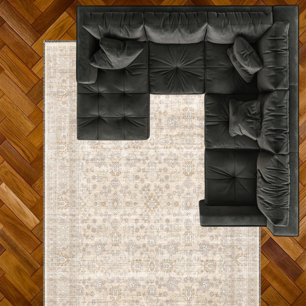 Beige Area Rug: Distressed Anatolian Style, Washable