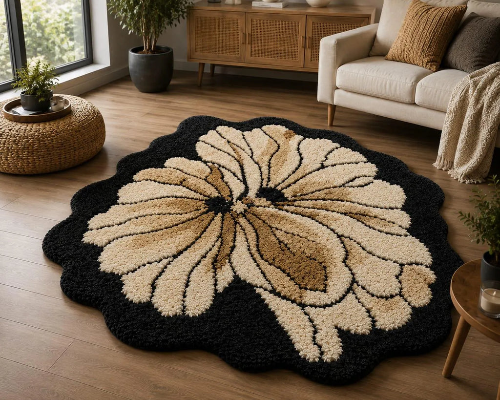 Hand Tufted Flower Rug, Black Floral Rug, Handmade Bedroom Rug, Boho Area Rug, Botanical Rug, Plush Custom Rug, Modern Flower Carpet
