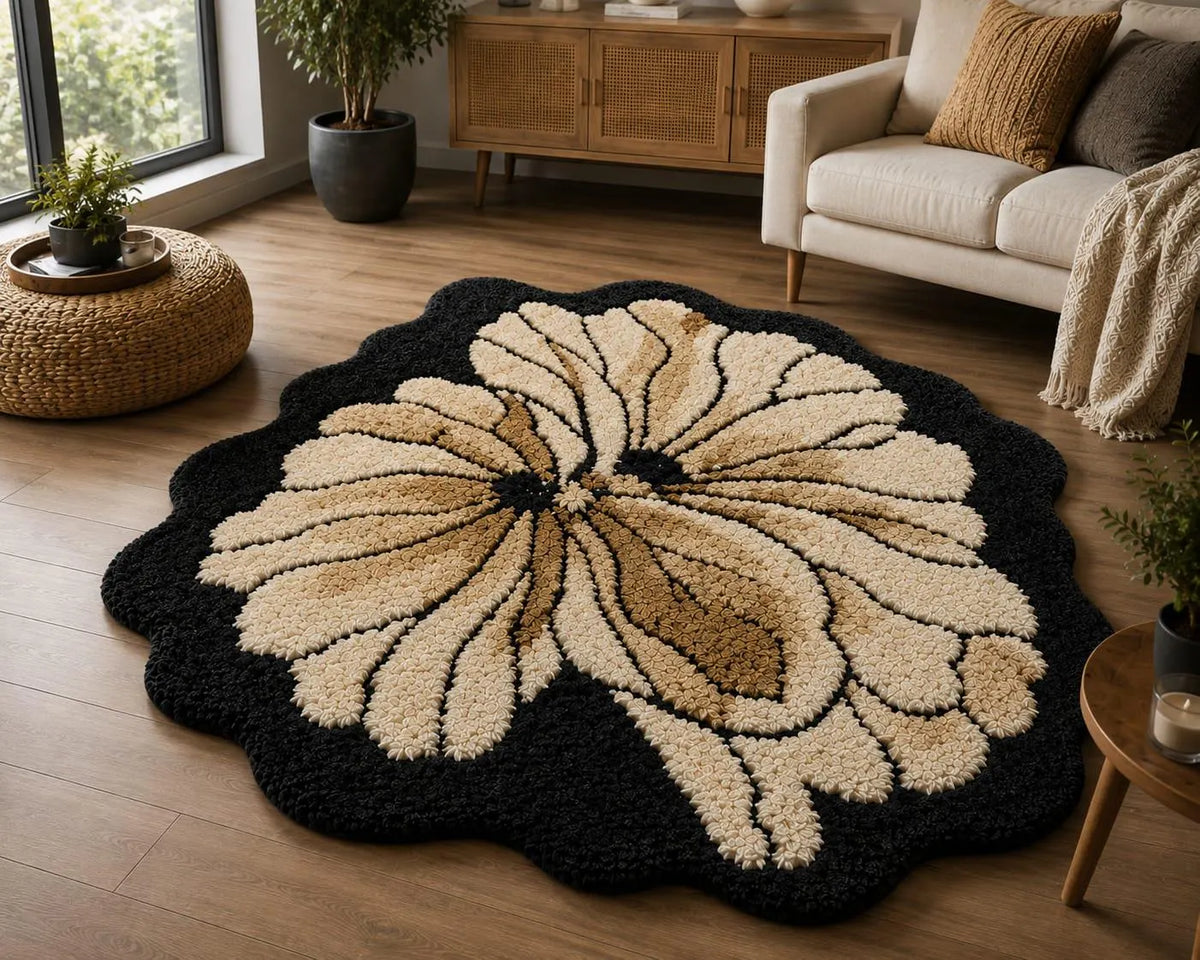 Hand Tufted Flower Rug, Black Floral Rug, Handmade Bedroom Rug, Boho Area Rug, Botanical Rug, Plush Custom Rug, Modern Flower Carpet