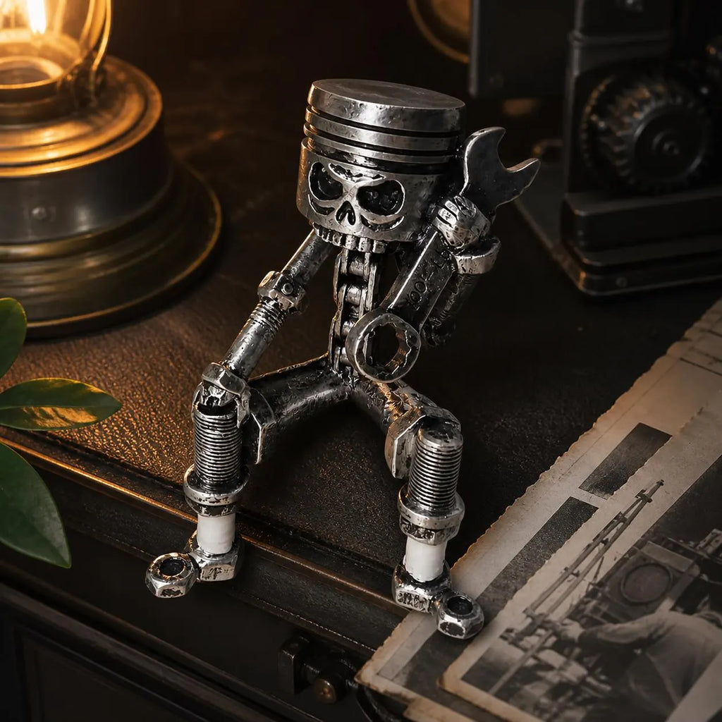 Skull Desk Decor, Mechanic Sculpture, Industrial Gothic Statue, Metal Look Wrench Figure, Garage Office Decor, Steampunk Shelf Gift