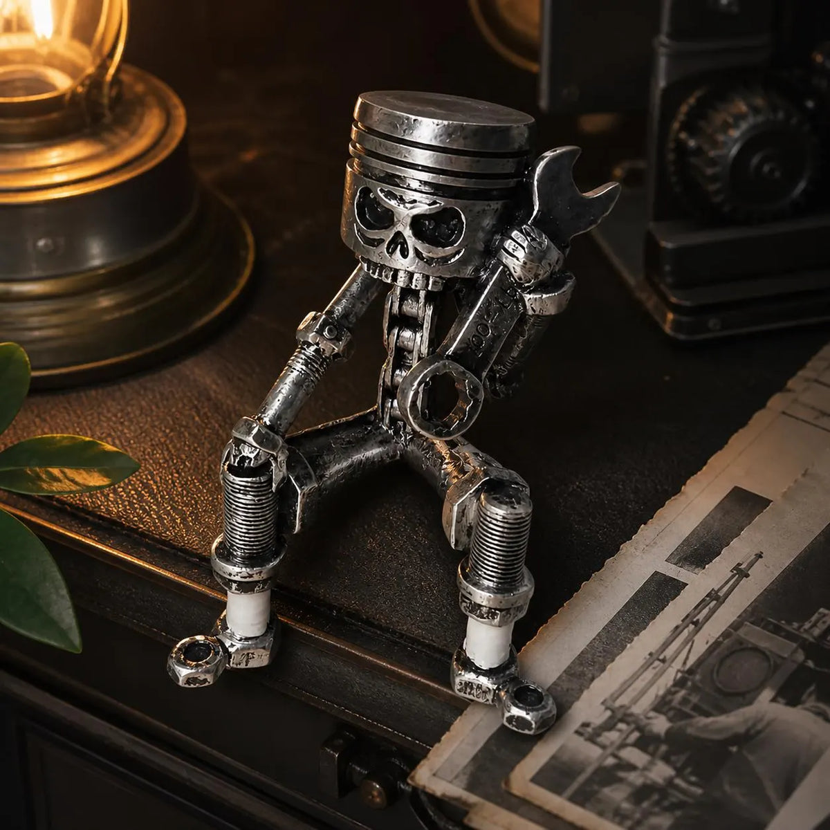 Skull Desk Decor, Mechanic Sculpture, Industrial Gothic Statue, Metal Look Wrench Figure, Garage Office Decor, Steampunk Shelf Gift