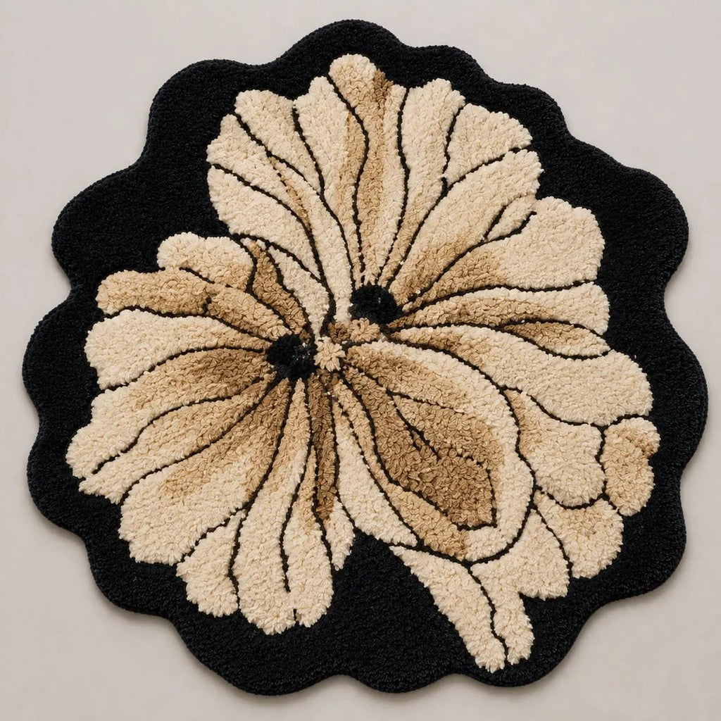 Hand Tufted Flower Rug, Black Floral Rug, Handmade Bedroom Rug, Boho Area Rug, Botanical Rug, Plush Custom Rug, Modern Flower Carpet
