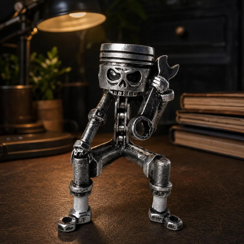 Skull Desk Decor, Mechanic Sculpture, Industrial Gothic Statue, Metal Look Wrench Figure, Garage Office Decor, Steampunk Shelf Gift