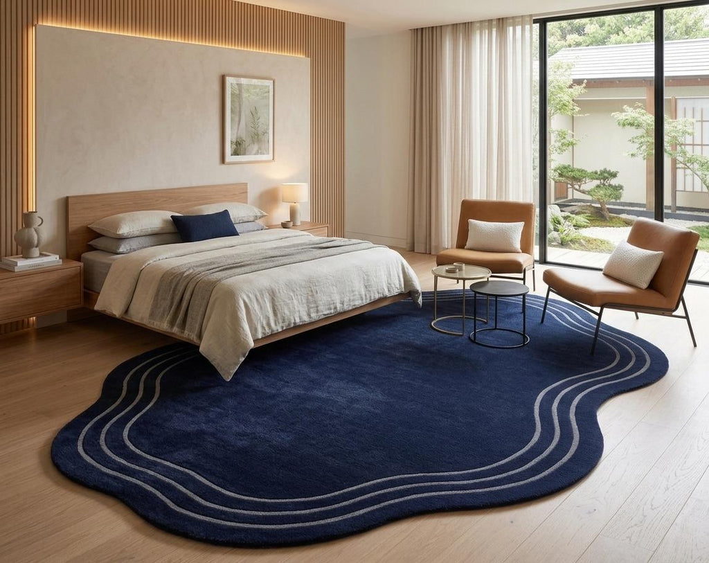 Navy Blue Organic Wavy Wool Rug | Hand Tufted Abstract Blob Area Rug, Soft & Durable