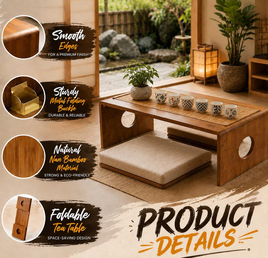 Folding Bamboo Coffee Table, Japanese Floor Desk, Portable Laptop Stand, Minimalist Home Decor