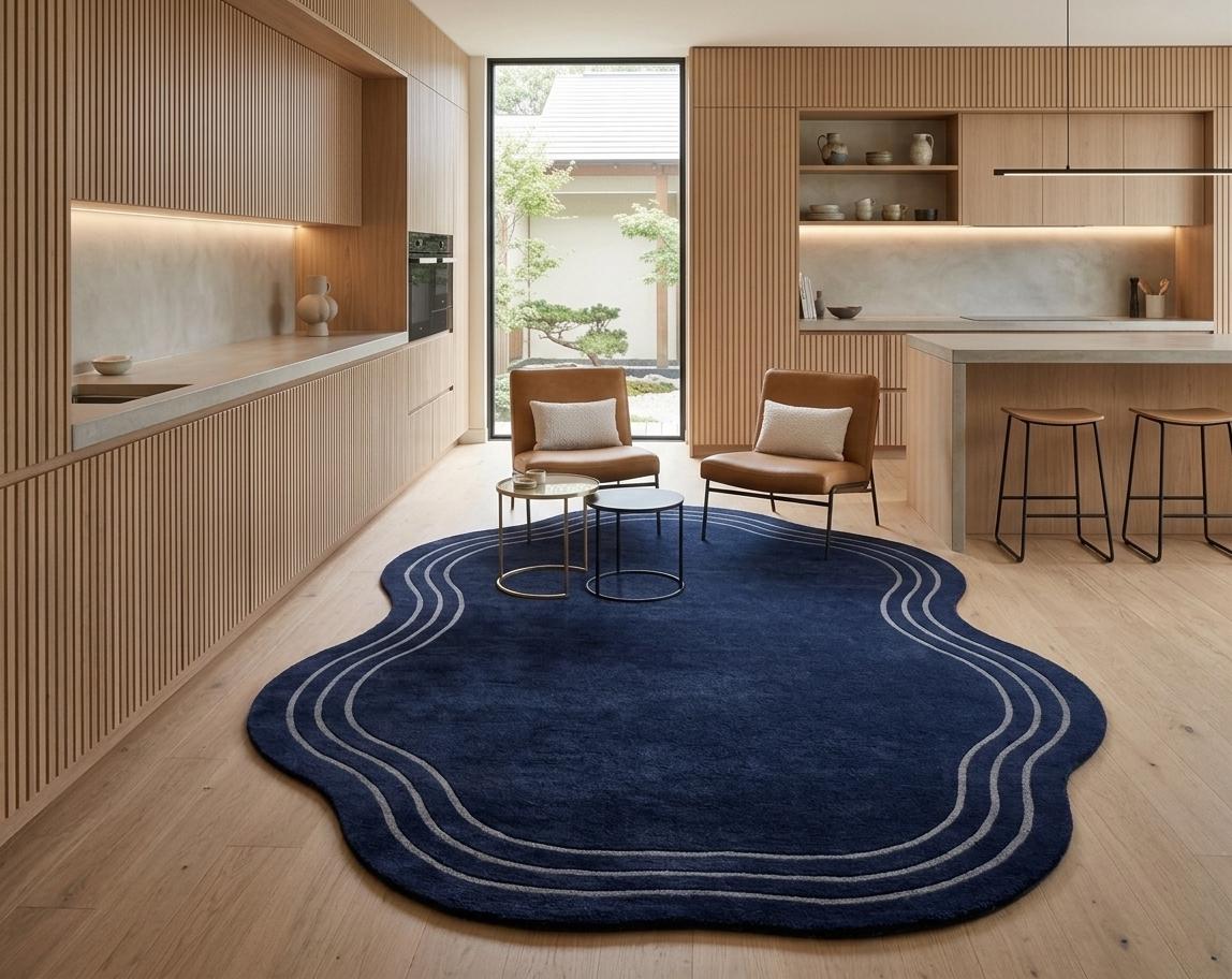 Navy Blue Organic Wavy Wool Rug | Hand Tufted Abstract Blob Area Rug, Soft & Durable