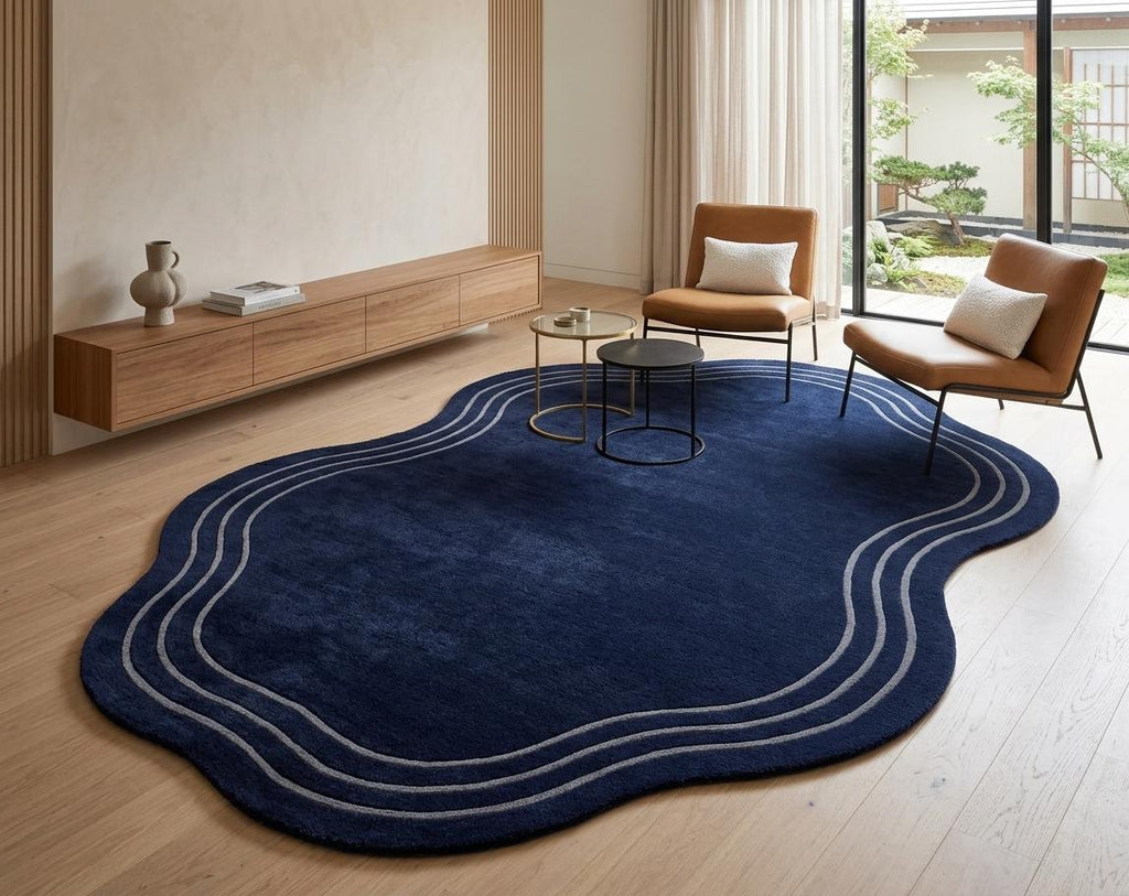 Navy Blue Organic Wavy Wool Rug | Hand Tufted Abstract Blob Area Rug, Soft & Durable