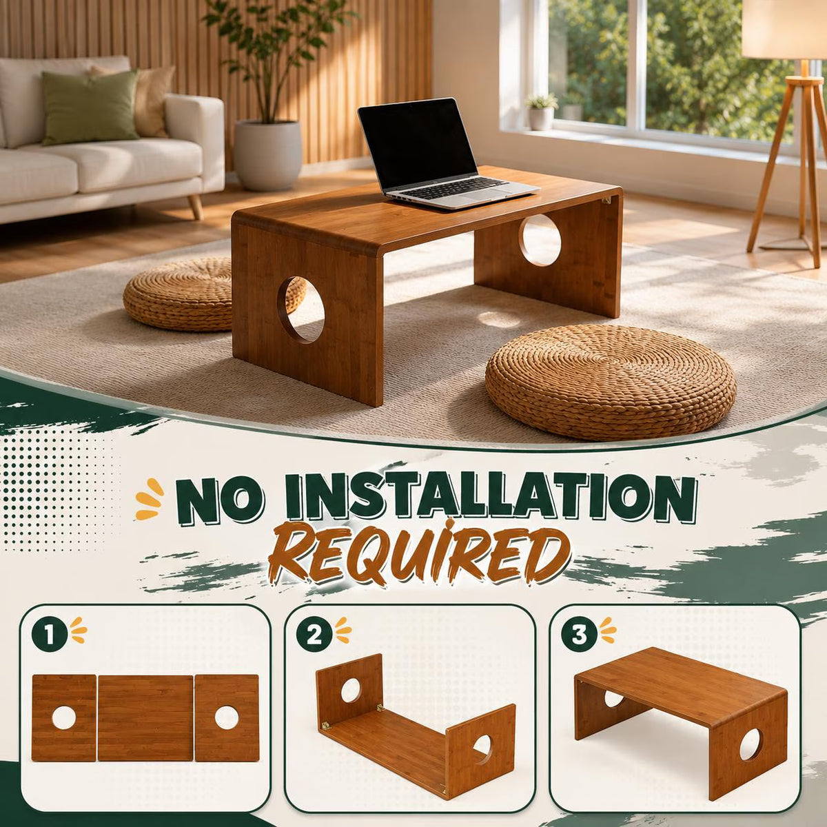Folding Bamboo Coffee Table, Japanese Floor Desk, Portable Laptop Stand, Minimalist Home Decor