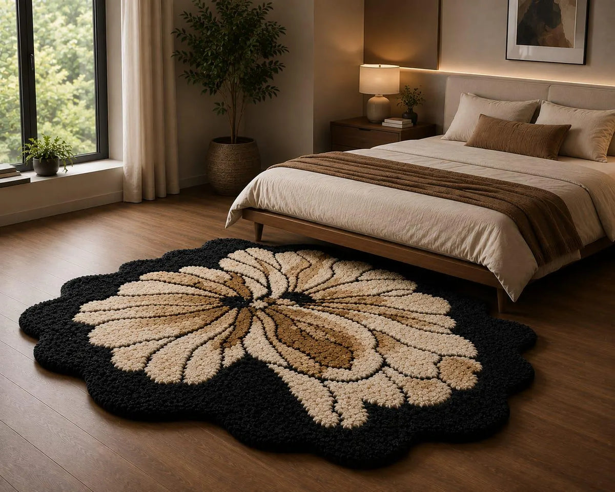 Hand Tufted Flower Rug, Black Floral Rug, Handmade Bedroom Rug, Boho Area Rug, Botanical Rug, Plush Custom Rug, Modern Flower Carpet