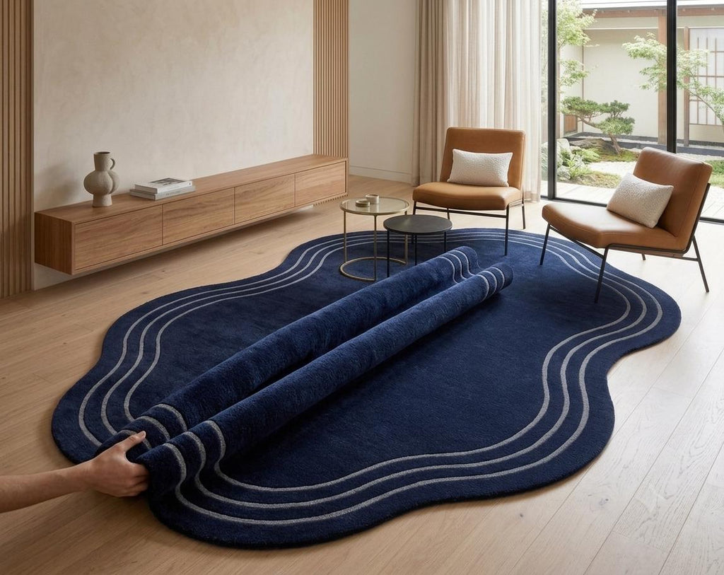 Navy Blue Organic Wavy Wool Rug | Hand Tufted Abstract Blob Area Rug, Soft & Durable