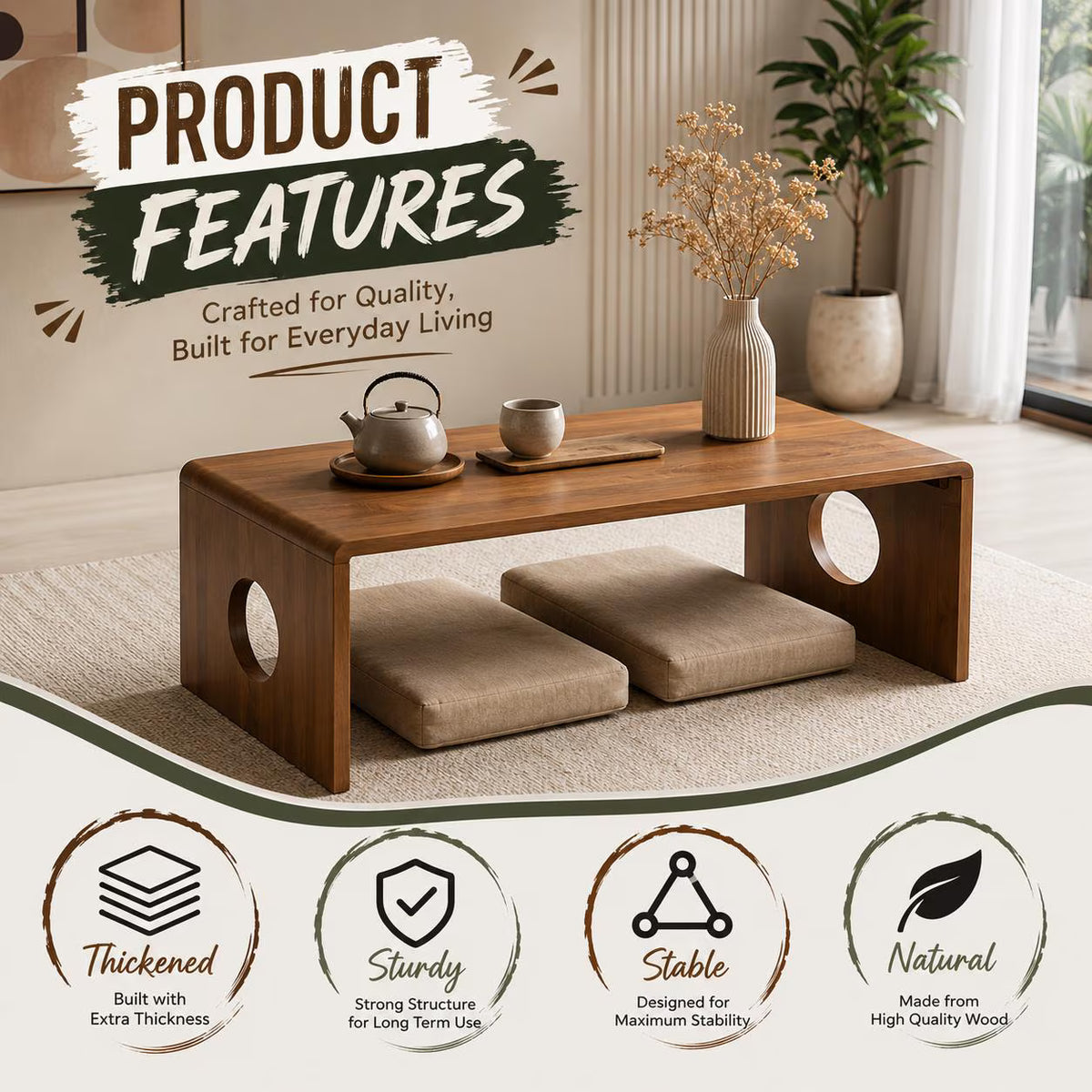 Folding Bamboo Coffee Table, Japanese Floor Desk, Portable Laptop Stand, Minimalist Home Decor