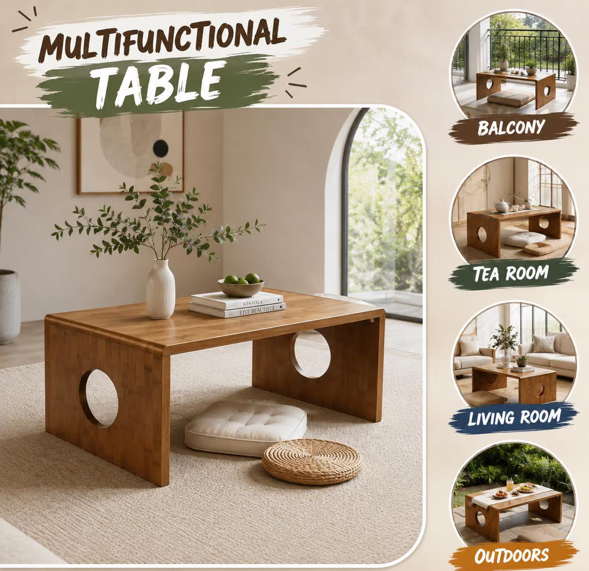 Folding Bamboo Coffee Table, Japanese Floor Desk, Portable Laptop Stand, Minimalist Home Decor