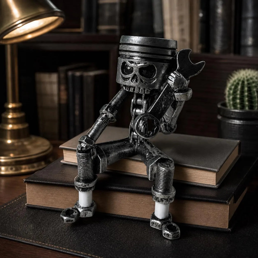 Skull Desk Decor, Mechanic Sculpture, Industrial Gothic Statue, Metal Look Wrench Figure, Garage Office Decor, Steampunk Shelf Gift