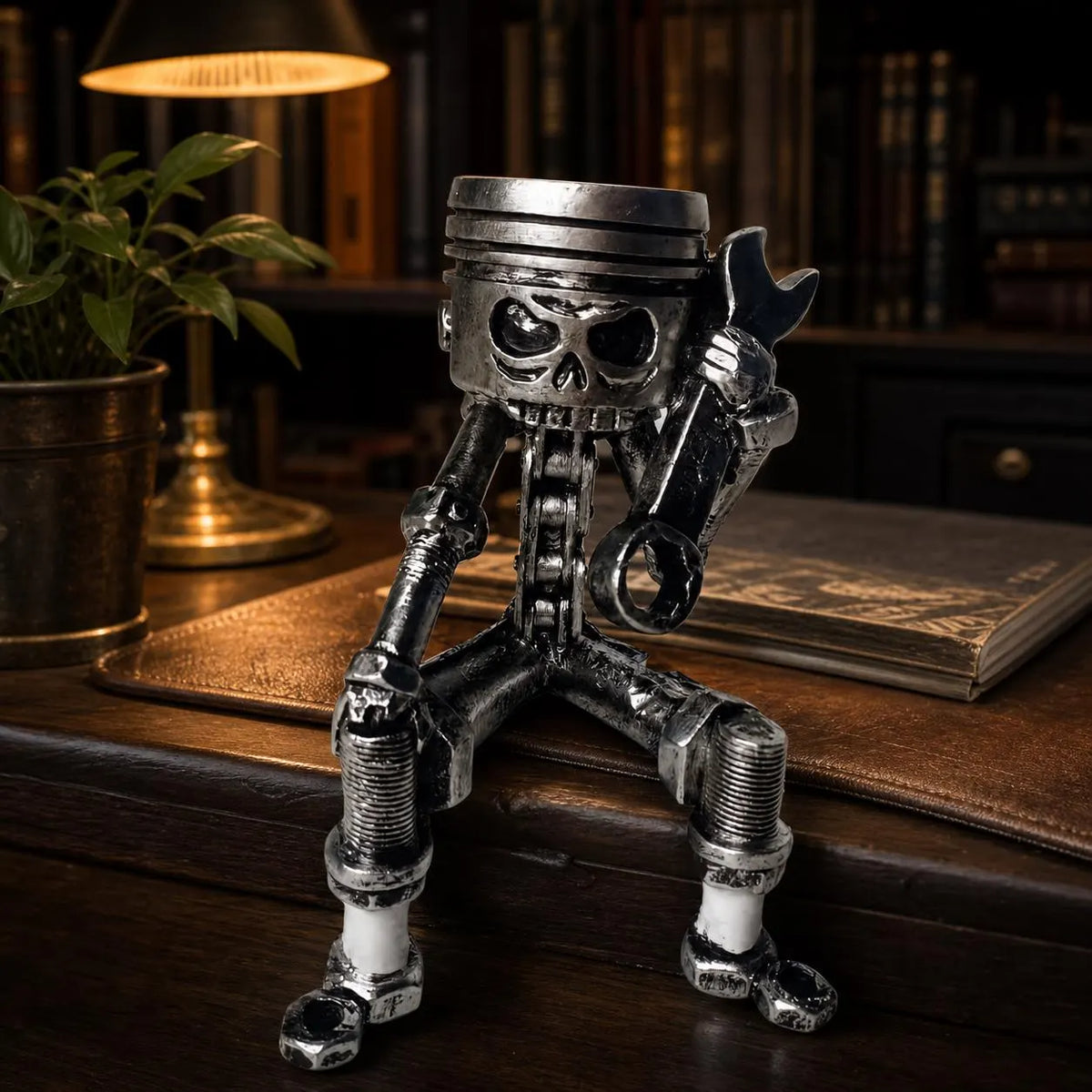 Skull Desk Decor, Mechanic Sculpture, Industrial Gothic Statue, Metal Look Wrench Figure, Garage Office Decor, Steampunk Shelf Gift