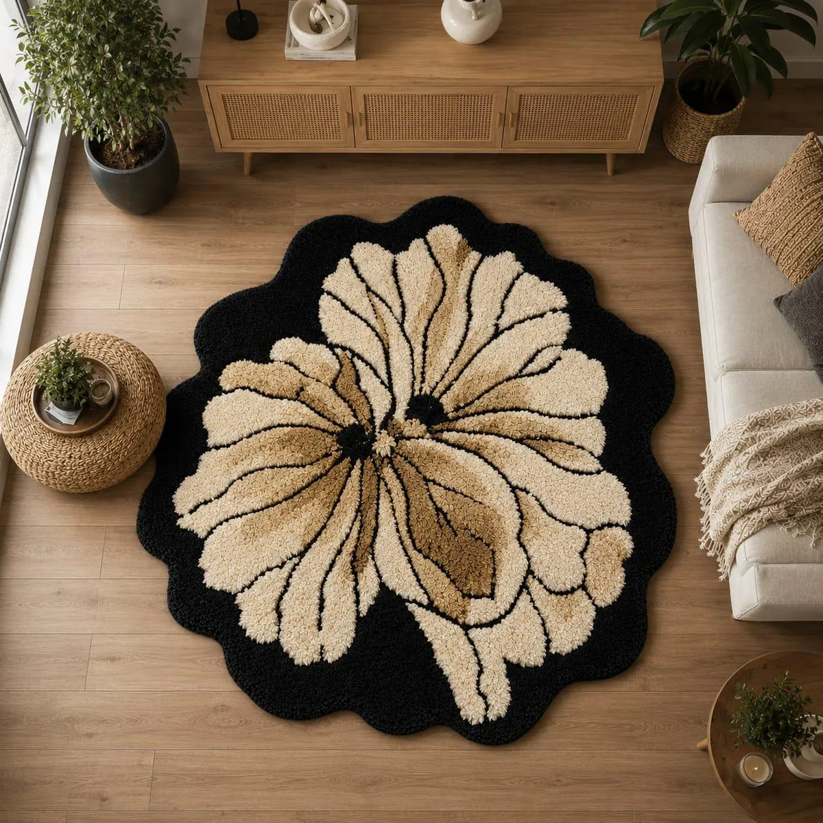 Hand Tufted Flower Rug, Black Floral Rug, Handmade Bedroom Rug, Boho Area Rug, Botanical Rug, Plush Custom Rug, Modern Flower Carpet