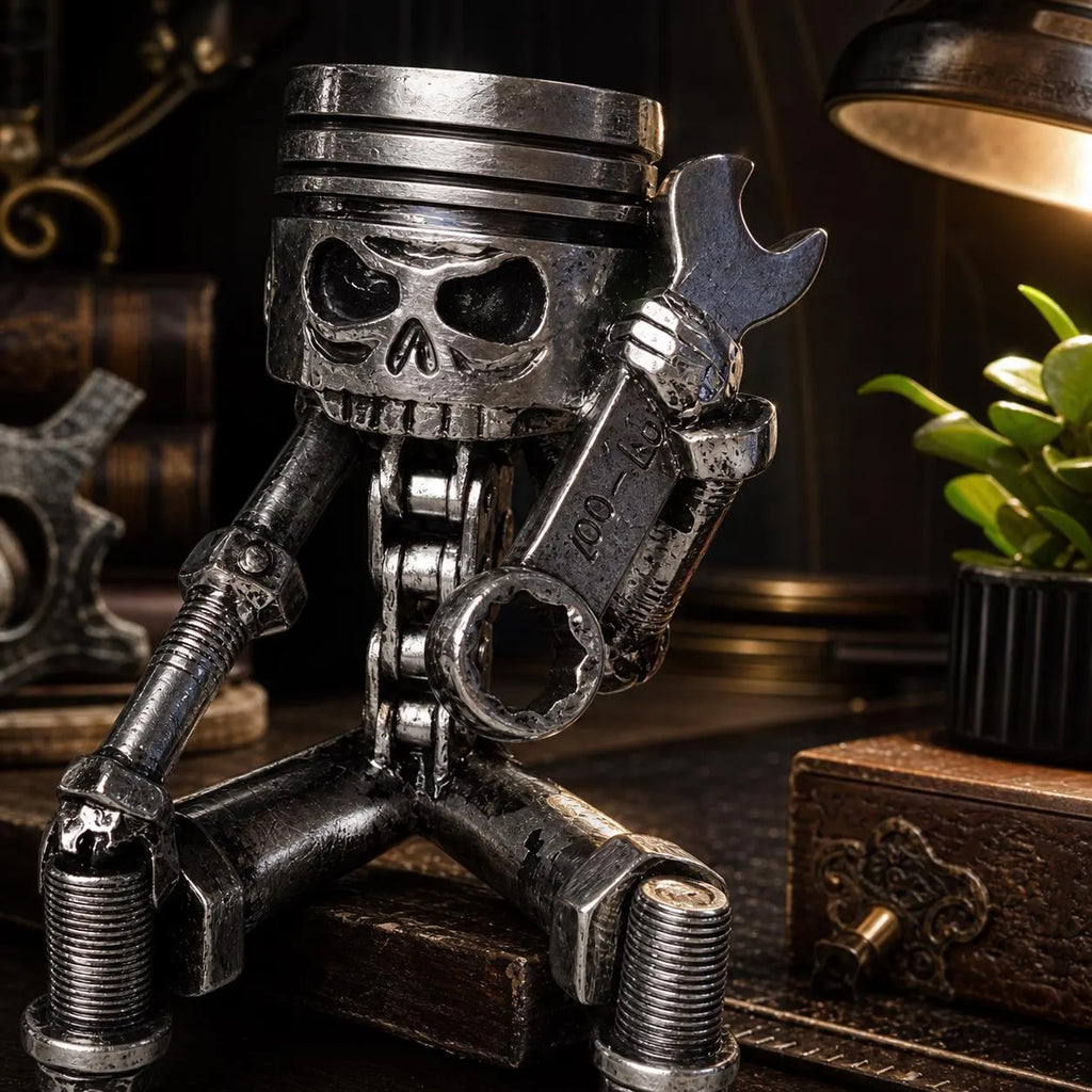 Skull Desk Decor, Mechanic Sculpture, Industrial Gothic Statue, Metal Look Wrench Figure, Garage Office Decor, Steampunk Shelf Gift