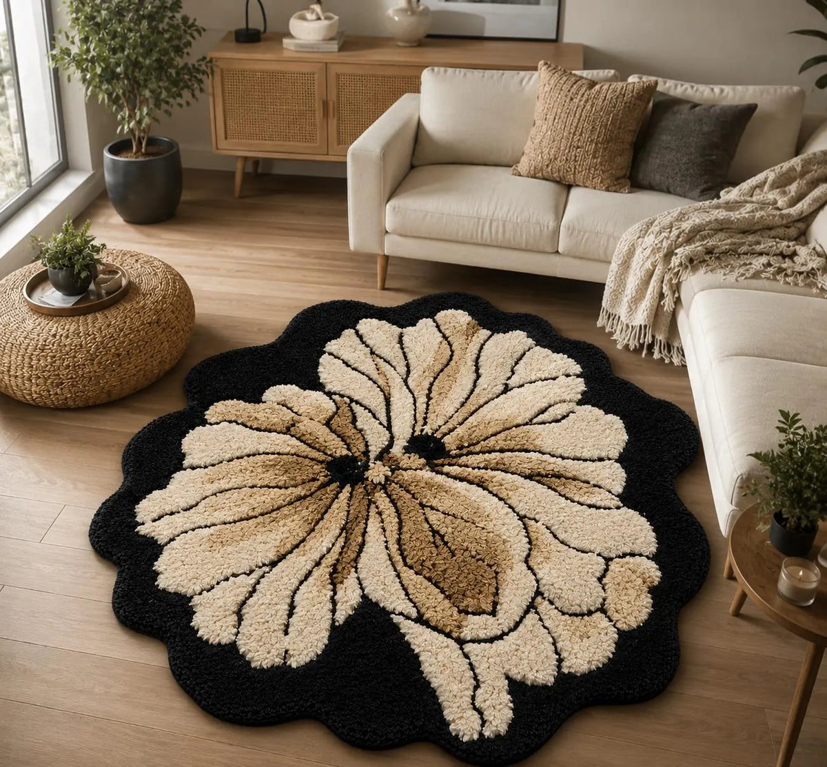 Hand Tufted Flower Rug, Black Floral Rug, Handmade Bedroom Rug, Boho Area Rug, Botanical Rug, Plush Custom Rug, Modern Flower Carpet