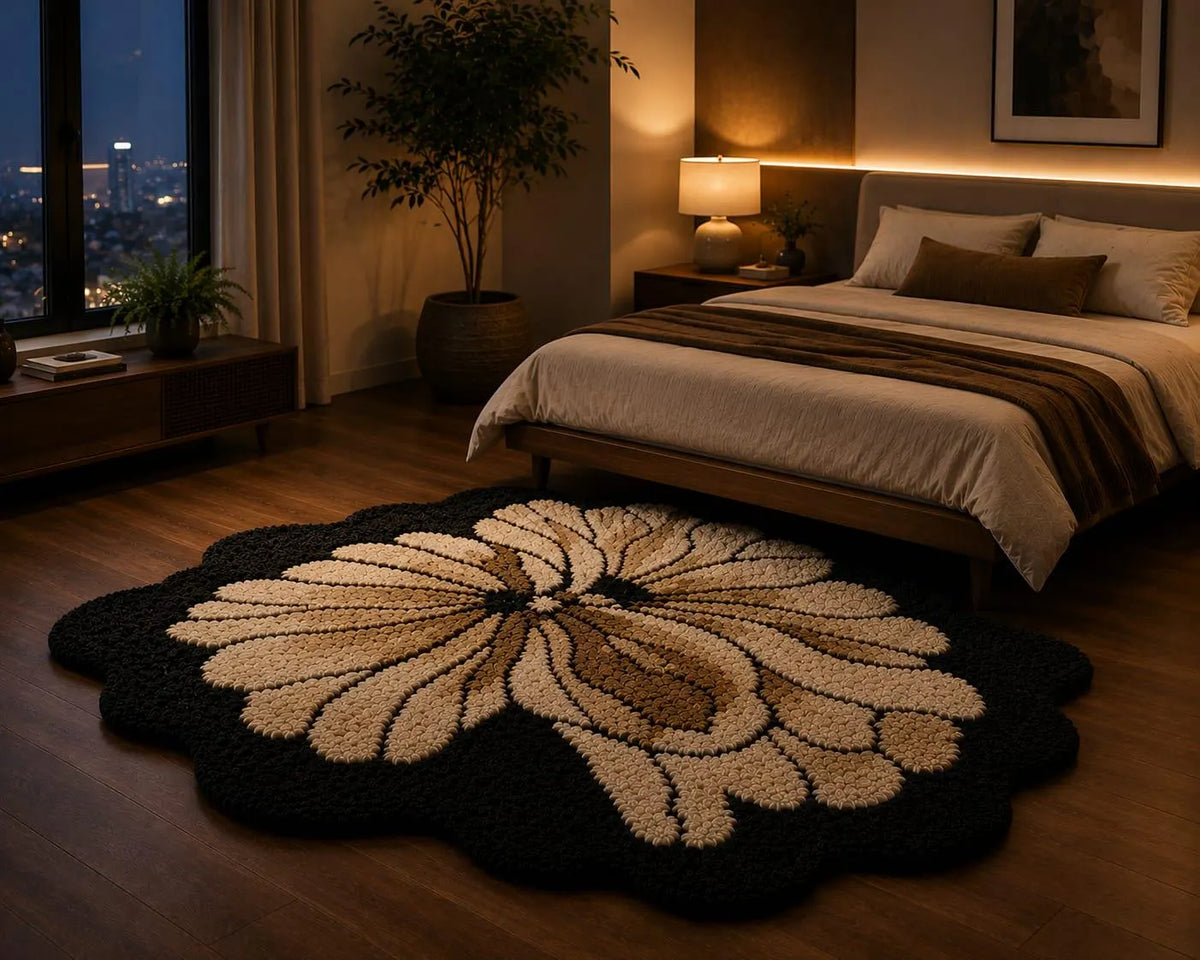 Hand Tufted Flower Rug, Black Floral Rug, Handmade Bedroom Rug, Boho Area Rug, Botanical Rug, Plush Custom Rug, Modern Flower Carpet