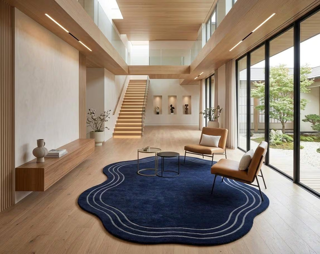Navy Blue Organic Wavy Wool Rug | Hand Tufted Abstract Blob Area Rug, Soft & Durable