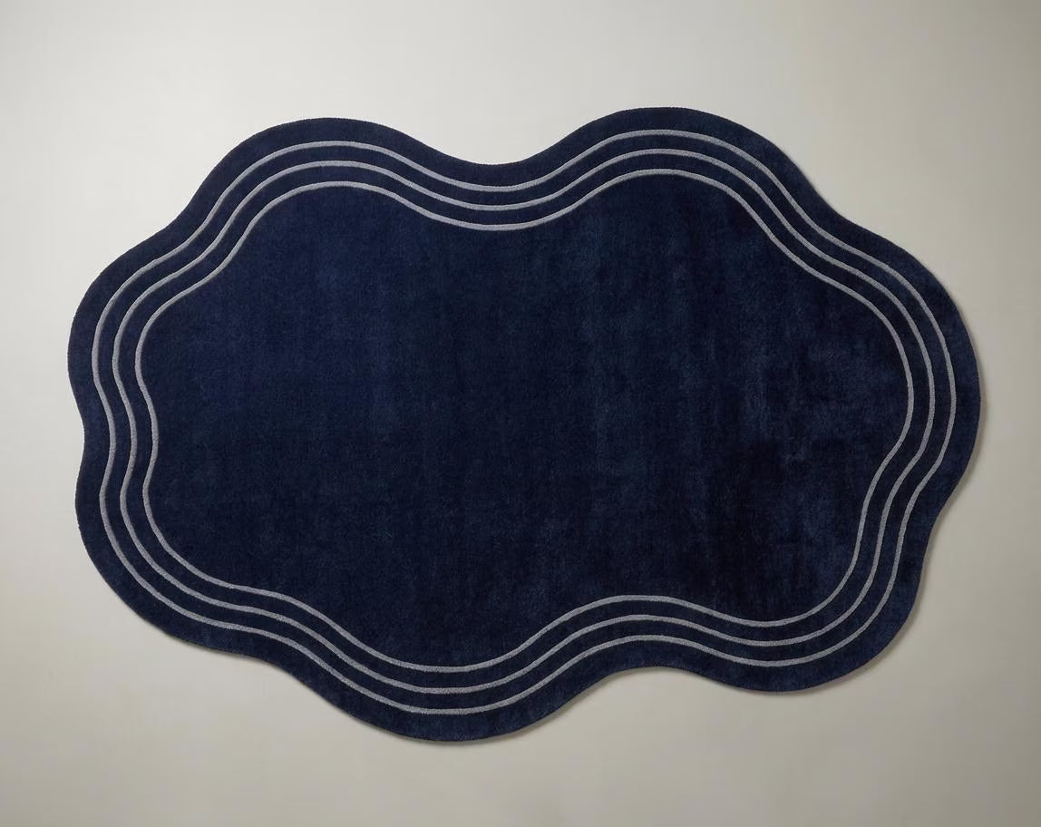 Navy Blue Organic Wavy Wool Rug | Hand Tufted Abstract Blob Area Rug, Soft & Durable