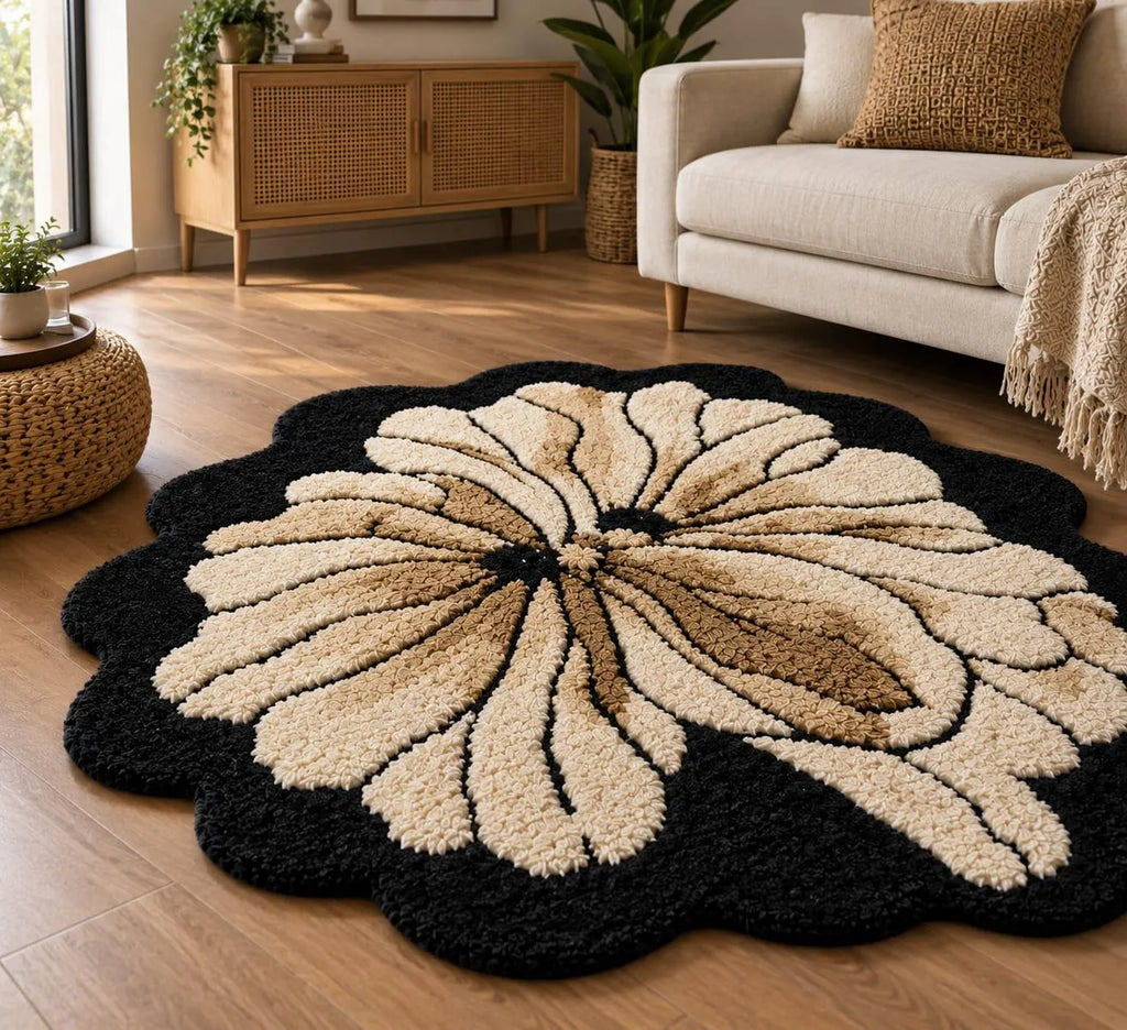 Hand Tufted Flower Rug, Black Floral Rug, Handmade Bedroom Rug, Boho Area Rug, Botanical Rug, Plush Custom Rug, Modern Flower Carpet